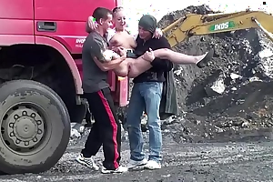 Cute pretty good little girl drilled away from 2 guys at a reintroduce construction site threesome