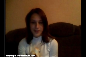 Russian legal age teenager sucks banana overhead webcam, softcore
